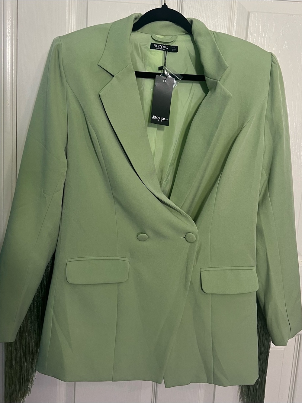Nasty Gal Sage Green Fringe Detail Tailored Longline Blazer Size 8 NWT